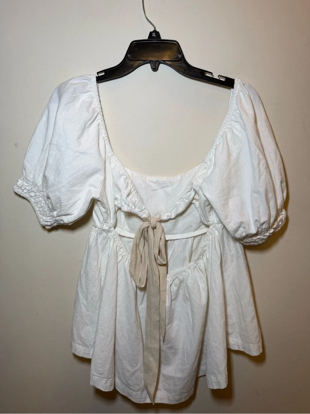Free People White Cotton Babydoll Blouse NWT Medium Puff Sleeves Open Tie Back